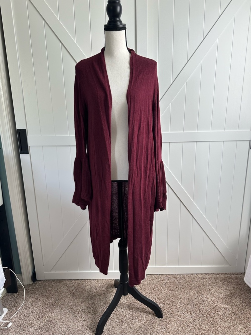 Leith Burgundy Long Open Cardigan Bell Sleeve Lightweight Duster Small Layering